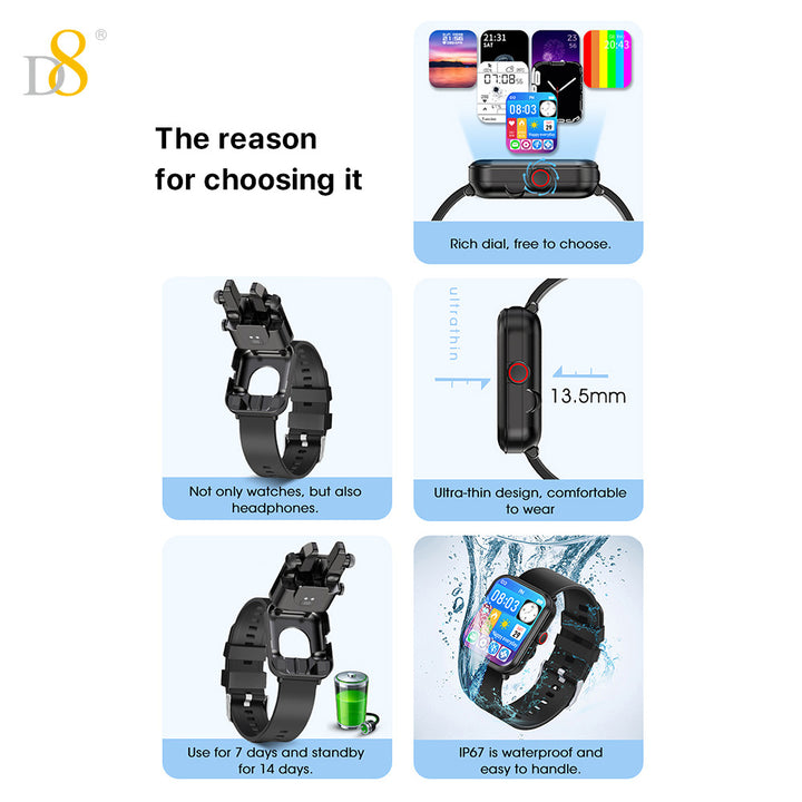 D8 2-in -1 Smart Watch TWS Headphone Earbuds Combo For Android/IOS Fitness Tracker